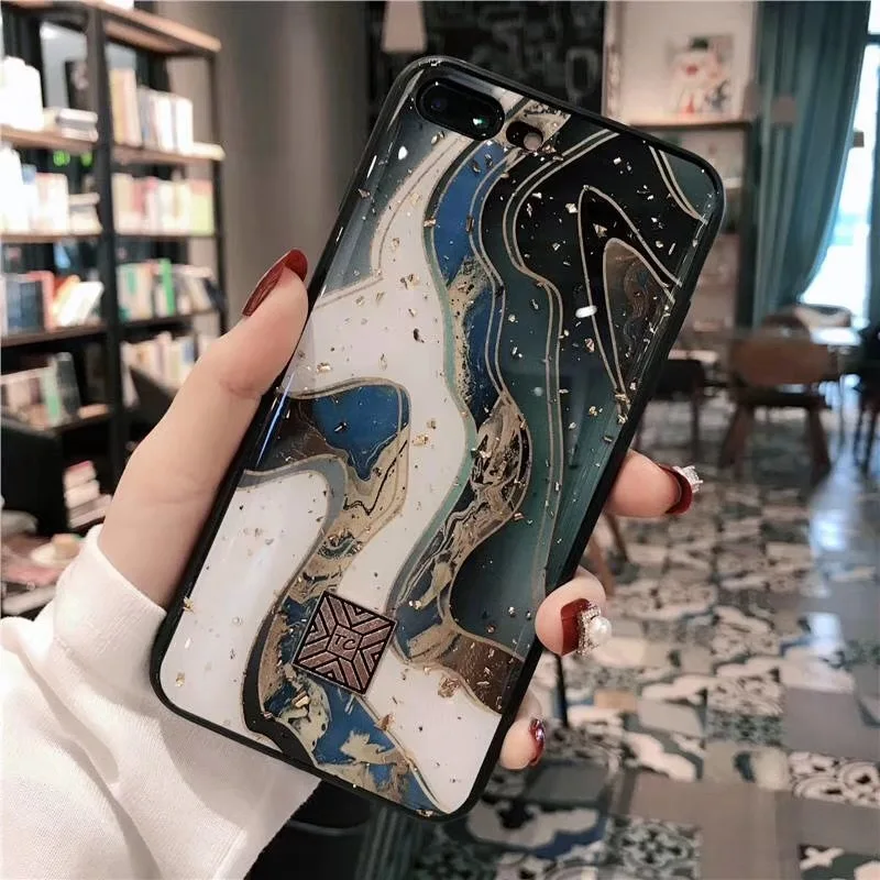Case For iPhone 7 8 6 6s Plus Soft TPU Granite Geometry Cover X XS Max XR oft Gold Foil Marble Bling Phone |
