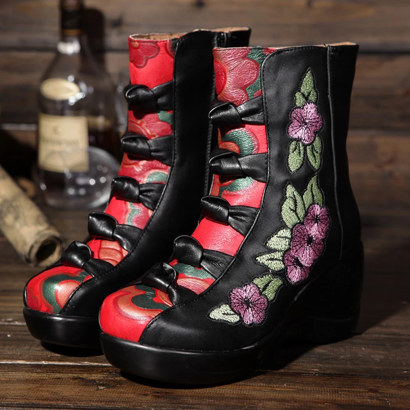 SONDR platform high heel black wedge winter boots women embroider genuine leather botas mujer invierno 2019 short plush botines | Обувь
