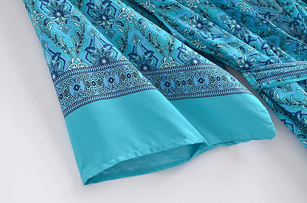 Женское винтажное кимоно с цветочным принтом зеленое богемное поясом V-образным