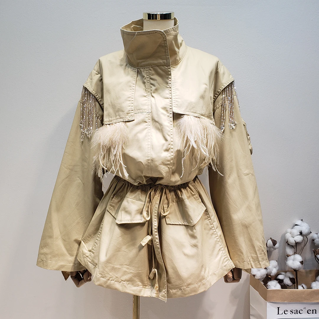 Женский Тренч с бусинами и перьями свободная ветровка высокой талией весна осень