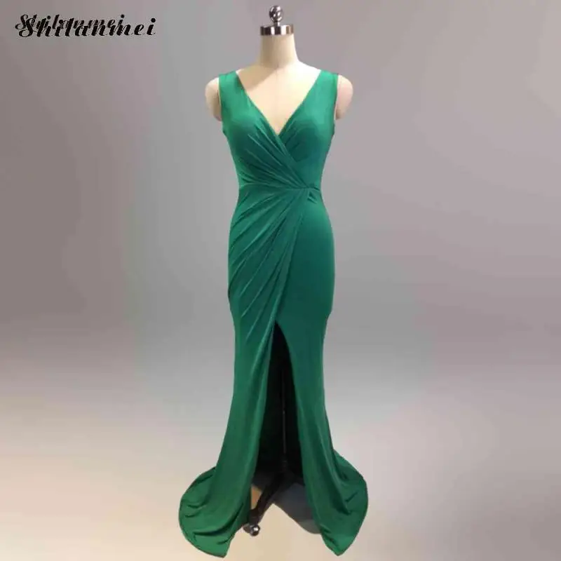 

Sleeveless Front Slit Evening Party Dress Women Deep V Ruched Elegant Long Dress Fashion Summer Solid Maxi Mermaid Dresses