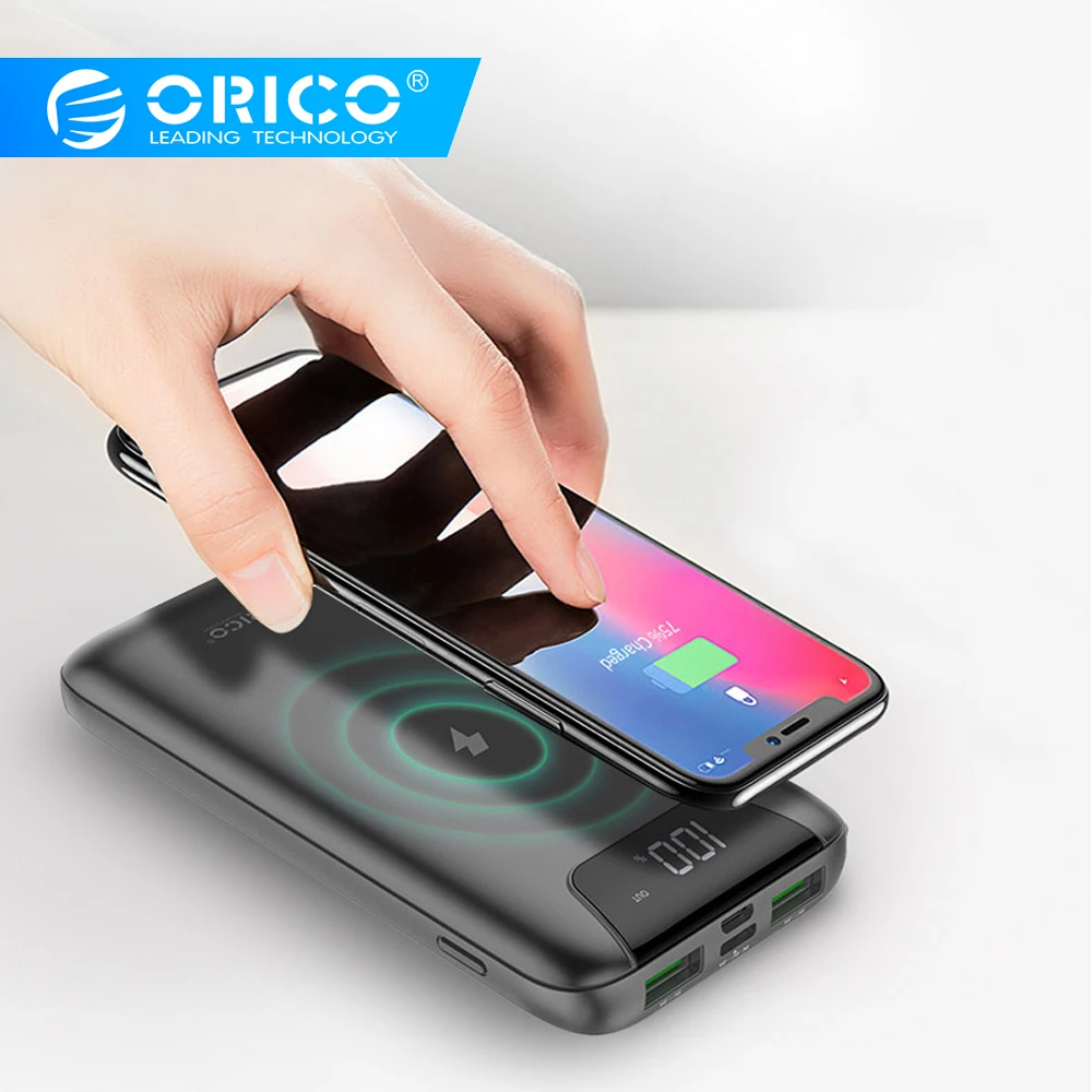 ORICO 10000 мАч Внешний аккумулятор, Беспроводная зарядка, двойной USB внешний аккумулятор с ЖК-дисплеем, внешняя батарея для iPhone, samsung, Xiaomi