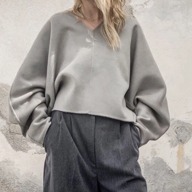 

Women Pullover V Neck Knitwear Long Sleeve Solid Color Loose Simple Woolen Sweaters