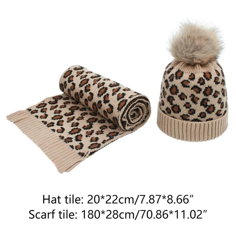 Для женщин зимние Винтаж Леопардовый вязаный помпон Манжеты Шапочка и шарф шаль