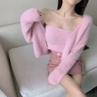 mink cardigan womens loose short long sleeved sweater sweater coat camisole two piece top matching sets for women