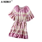 Винтажное шикарное женское платье в стиле хиппи с цветочным принтом и поясом, богемное мини-платье с эластичной талией, женские платья в стиле бохо с расклешенными рукавами, платья