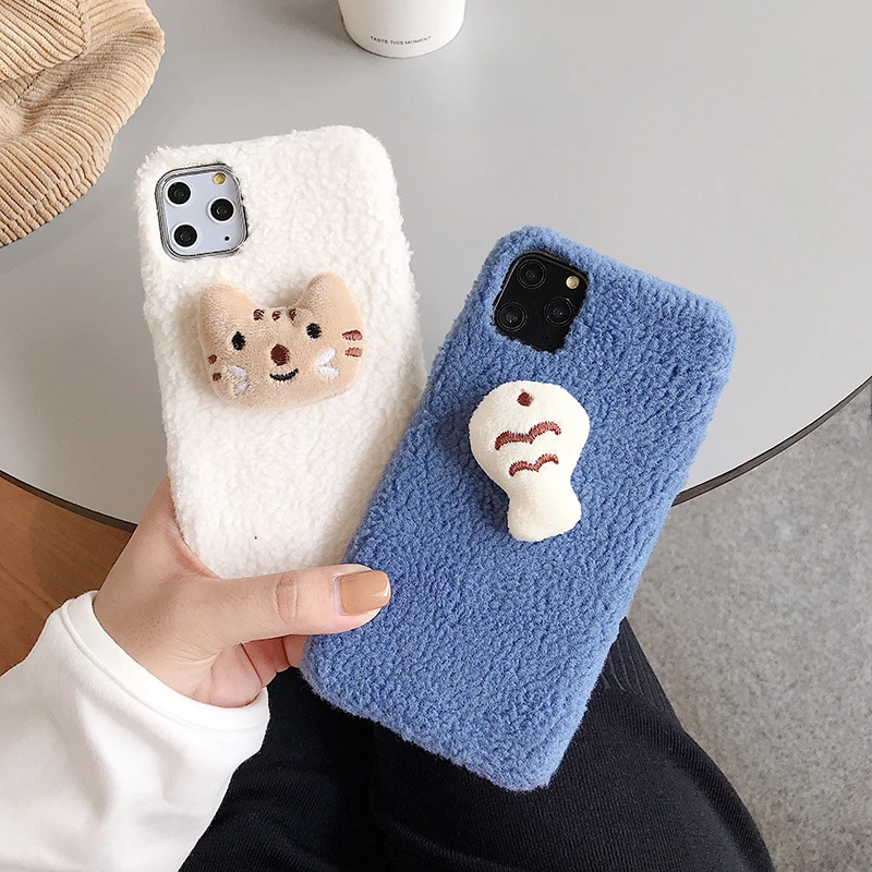 

Couples Cartoon Anime Stereoscopic Cat And Fish Solid-color Plush Case For iphone 7 8 plus X XS SE2020 11 11promax Autumn Winter
