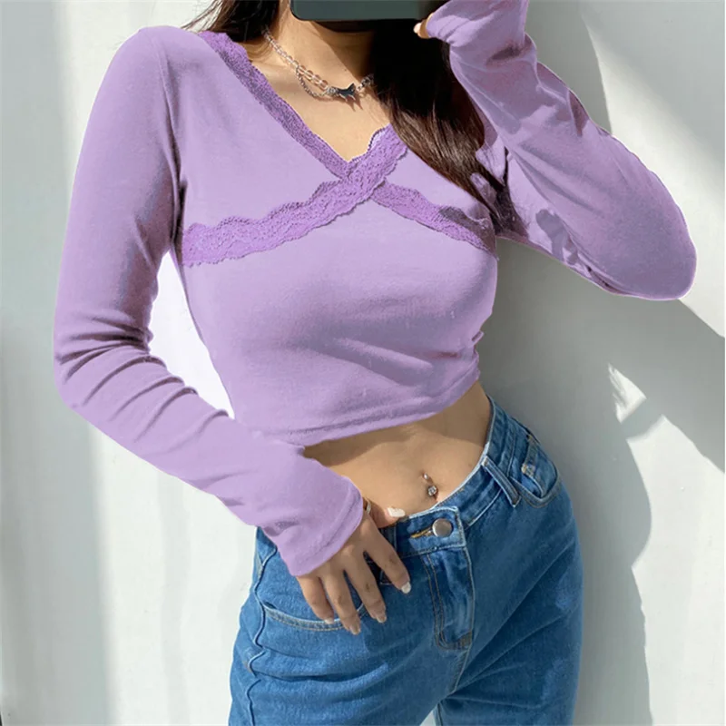

Women V Neck Lace Patchwork Crop Tops Casual Long Sleeve Slim Fit T-shirt E-Girls Streetwear Y2K Harajuku Tee Shirts Swimwear