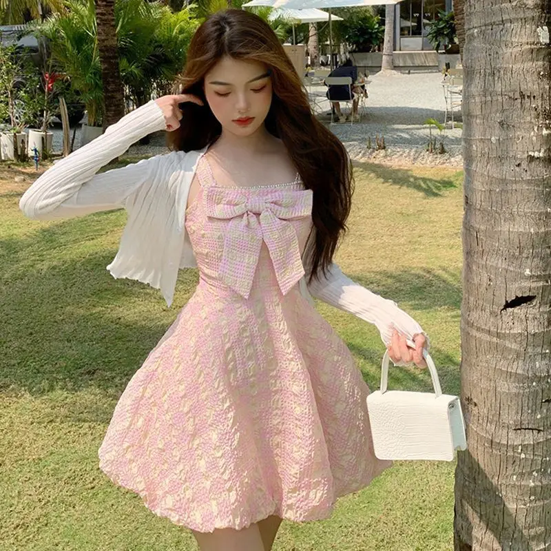 

French Sweet Strap Dress Women Bowknot Kawaii Ball Gown Plaid Party Dress Summer Casual Princess Beach Dress 2021 Y2k Clothes