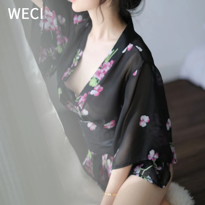 

WECI Pyjama Sexy Femme Pajamas Kimono Women Nightgown Chiffon Transparent Lingerie Dress Japanese Sleepwear Floral Bathrobe New