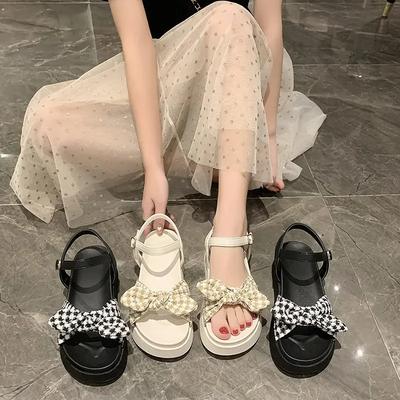 

Sandals Small Fresh Bowknot Sponge Cake Thick-soled Princess Style Korean Roman Shoes Women's Shoes