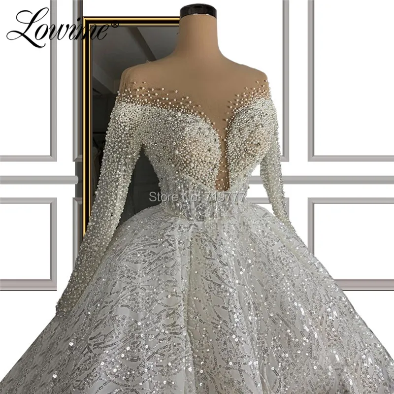 Pearls Beading Wedding Dresses Illusion Long Sleeves Muslim Arabic Bridal Gowns 2020 Luxury Kaftans Wedding Bride Dress