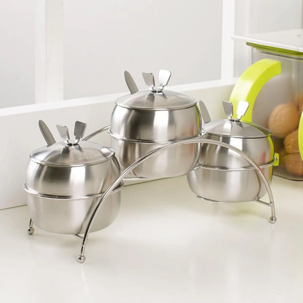 

3pcs Stainless Steel Condiment Pots Lids And Spoons Seasoning Jar Container