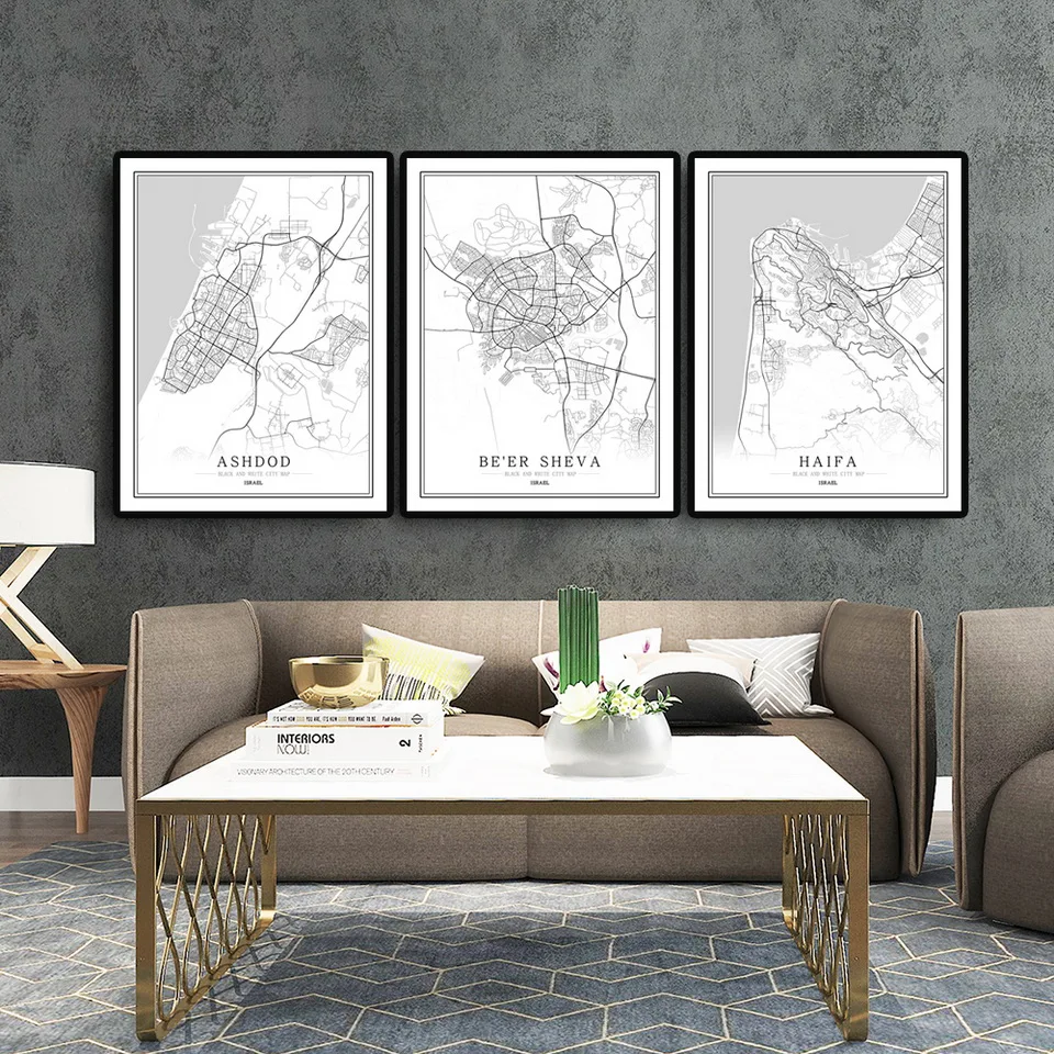 Израиль черно-белая карта города плакат Скандинавская гостиная Jerusalem Natanya