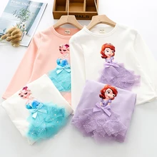 New Autumn Princess Kids Girls T-Shirt Elsa Anna Cotton Tees Mesh T Shirt 3D Tops Cotton Baby Birthday Party Anna Tops Clothing