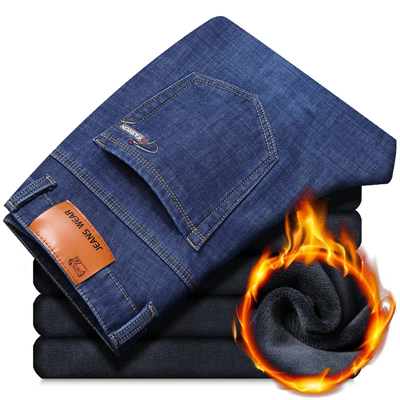 

Over Size 38 40 Denim Jeans Winter Keep Warm Fleece Stretch Jeans Mens Winter Loose Straight Men's Jeans