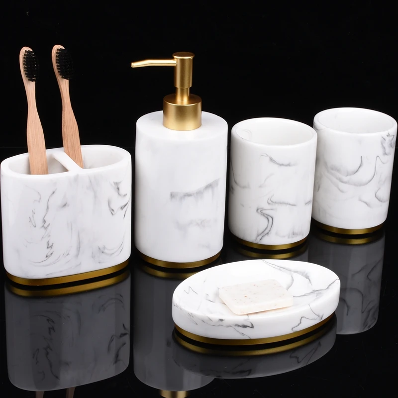 

JEYL Bathroom Accessories Set, 5 Pieces Bath Ensemble, Bath Set Collection Marble Pattern Soap Dispenser Pump, Toothbrush Holder