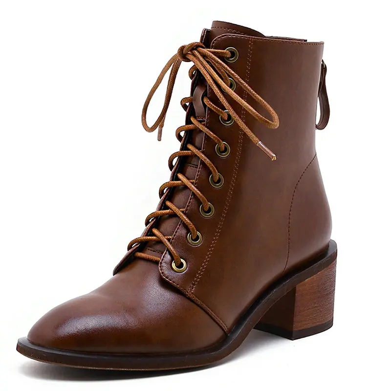 

Back Zipper Ankle Boots Genuine Leather Lace Up square heels boots 2021 Winter square Toe Shoes Woman Office Lady Basic Boots