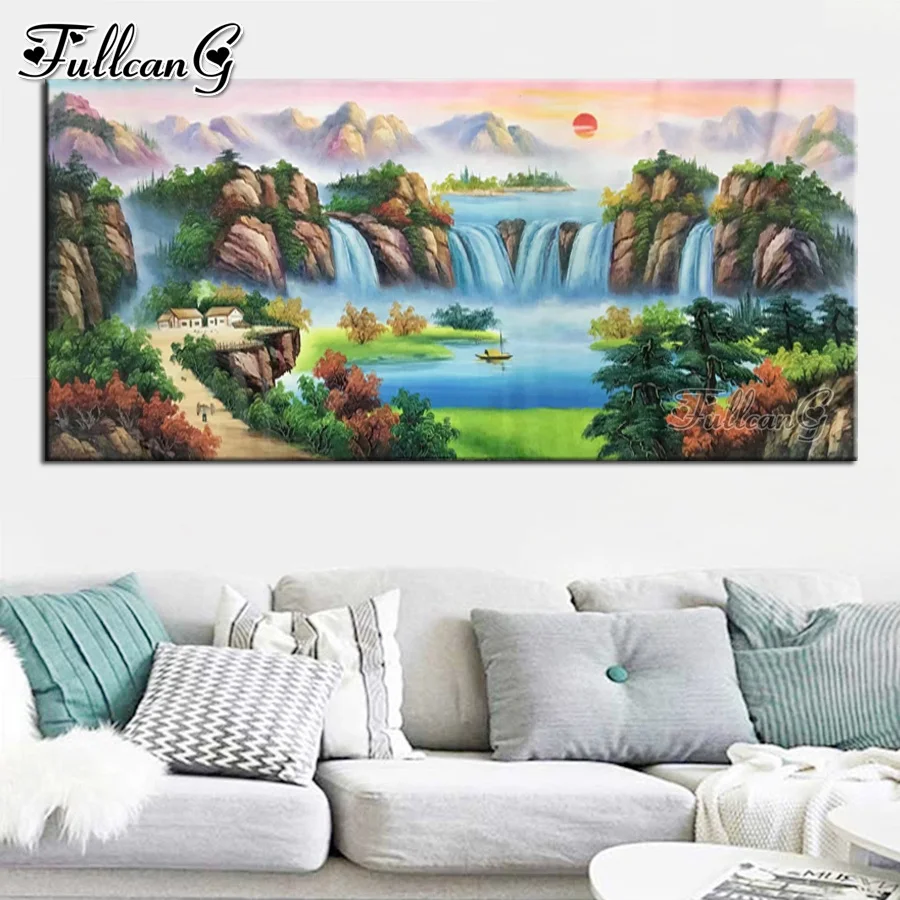 

FULLCANG 5d diy large diamond painting scenic sunrise full rhinestone embroidery landscape mosaic picture home decoration FG0382