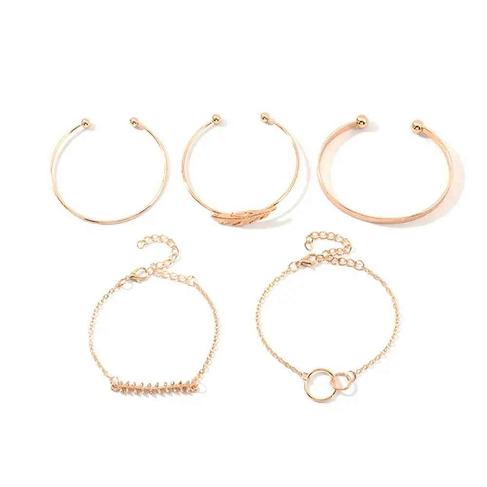Platform Hot Sale Gold Metal Leaf Bracelet Classic Ring 5 Piece Set Female jade bracelet bangles браслет женский #3N28 |