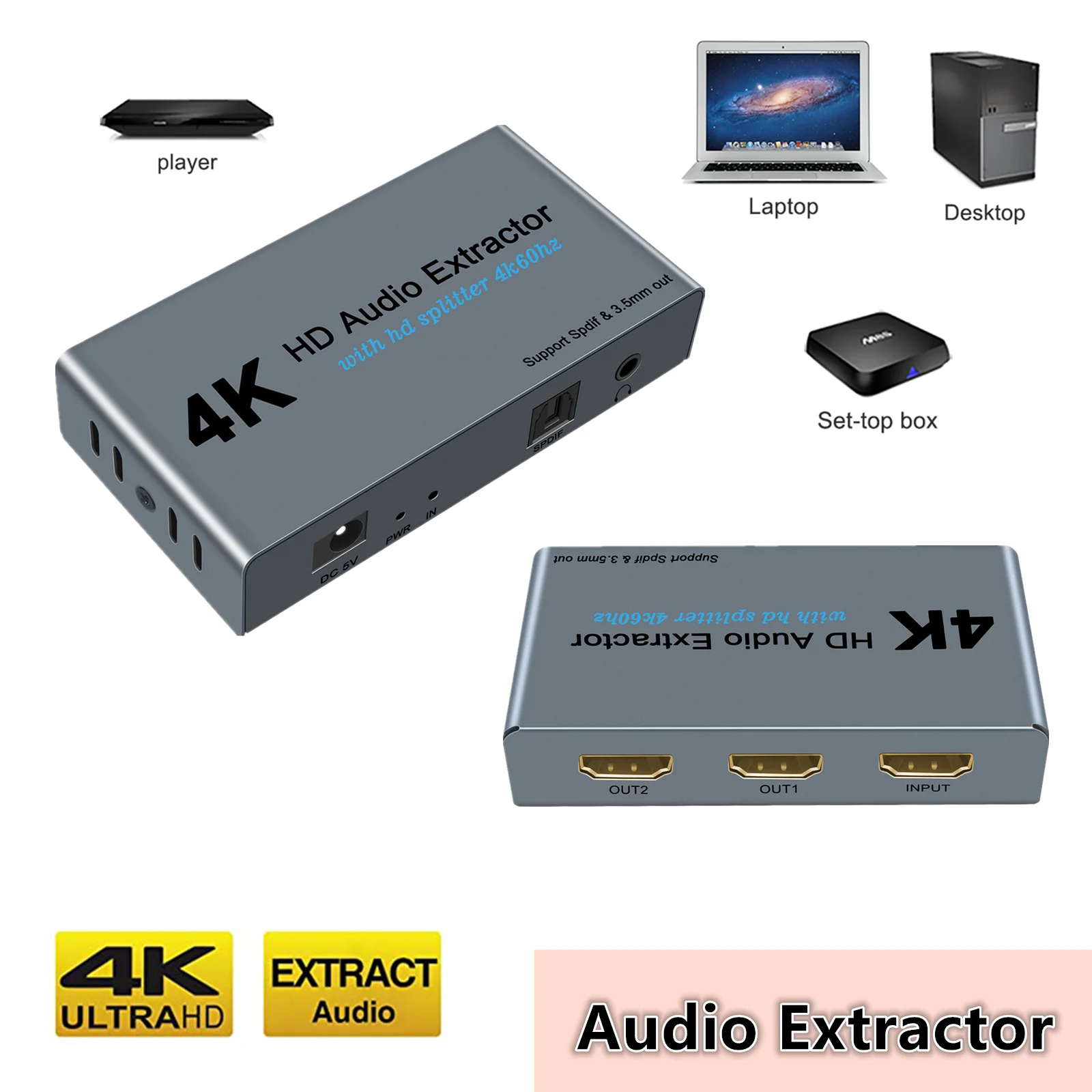HDMI Audio Extractor Splitter 1X2 4K 60HZ HDMI to Optical Spdif Toslink with HDMI and 3.5mm Stereo Audio Converter Adapter