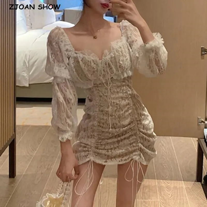 

2021 Retro Lacing Up Ruched Package hips Lace Short Dress White Women Sexy Strappy Draped Hem Long Leg sleeve Mesh Mini Dresses