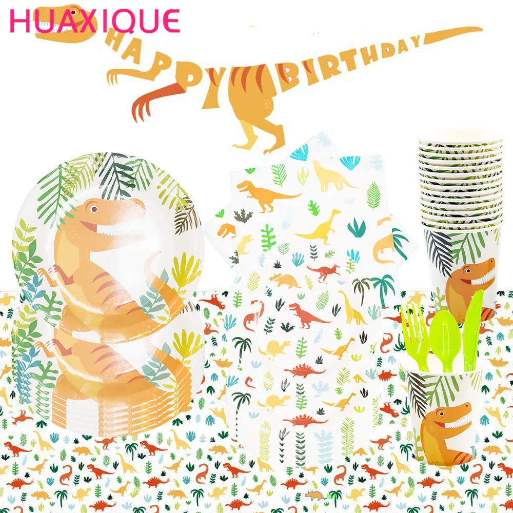 

Dinosaur Theme Disposable Tableware Napkin Plate Cup Set Happy Birthday Banner Tablecloth Safari Party Decoration Baby Shower