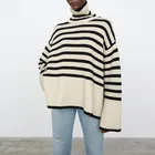 Женский свитер в полоску с высоким воротником, Свободный пуловер с подолом и разрезом в стиле ретро, джемпер с длинным рукавом для ранней осени 2021, топы