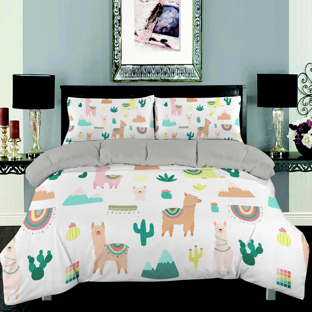 

New 3D Colorful Alpaca Bedding Set Queen Size Lovely Duvet Cover Cactus Bed Set Bedclothes 2/3pcs Bedspread For Kid