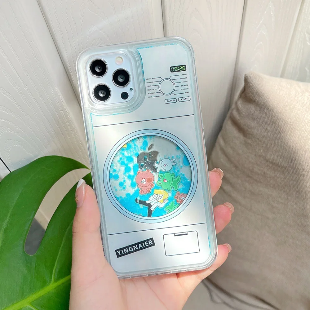 Милая кукольная динамическая жидкость для стиральной машины Крышка с песчаником для iPhone 13 11 Pro Max 12 7 8 Plus XR XS PC Жесткий блестящий чехол для телефона.