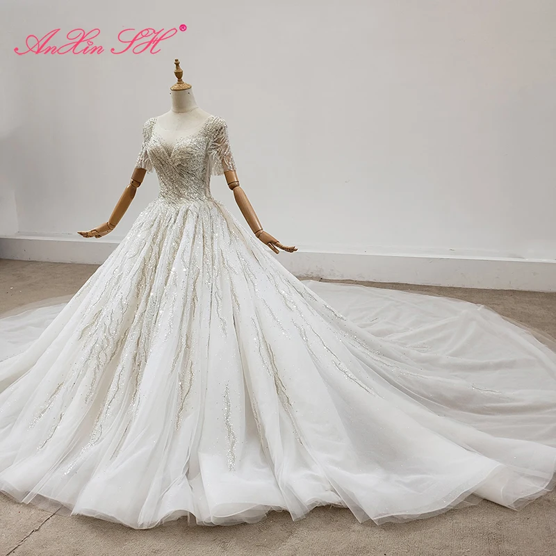 

Женское свадебное платье с круглым вырезом AnXin SH, роскошное блестящее кружевное платье с коротким рукавом и белыми цветами, ручная работа, 100...