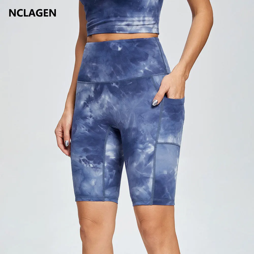 

NCLAGEN Sports Short Women Gym With Pocket Running Yoga Leggings NO Front Seam High Waist Printing Tie-dyed Fitness Biker Shorts