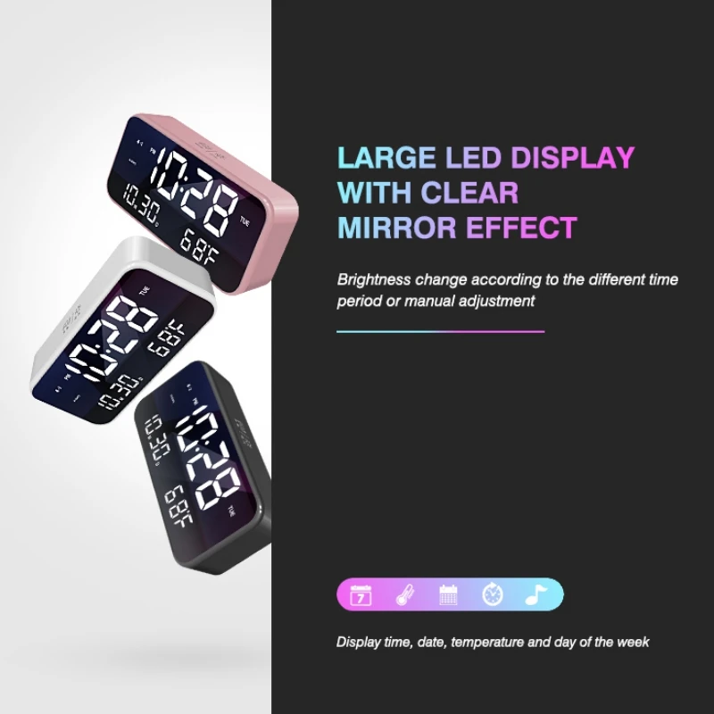 

2020 Rechargeable snooze bedside sound-controlled alarm clock temperature display smart electronic mirror digital clock
