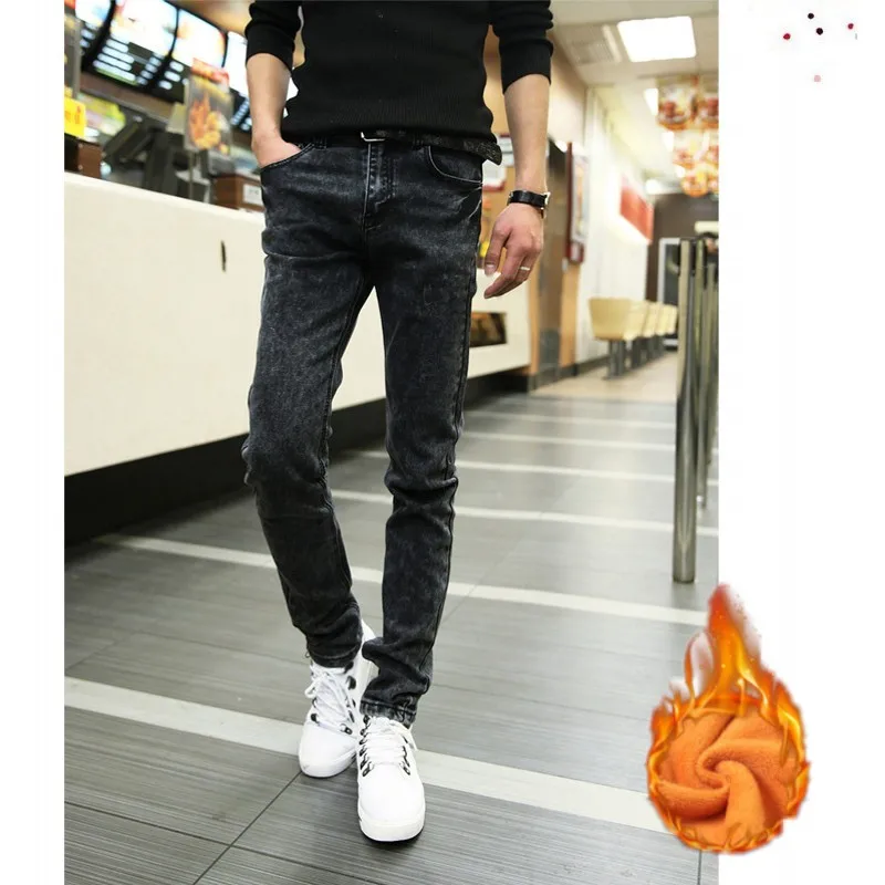 Fleece Jeans Модные мужские серые флисовые джинсы, обтягивающие теплые мужские Стрейчевые снежные брюки-карандаш, дизайнерские Джинсовые облегающие уличные брюки - Цвет: Fleece Jeans