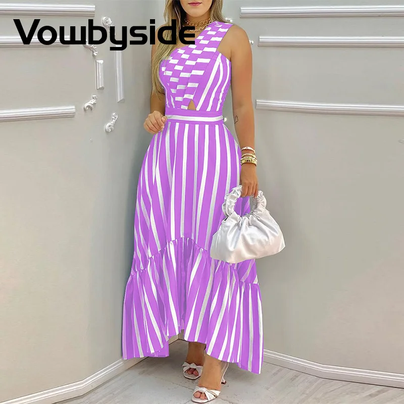 

One Shoulder Striped Colorblock Casual Dress Women Summer Maxi Dress