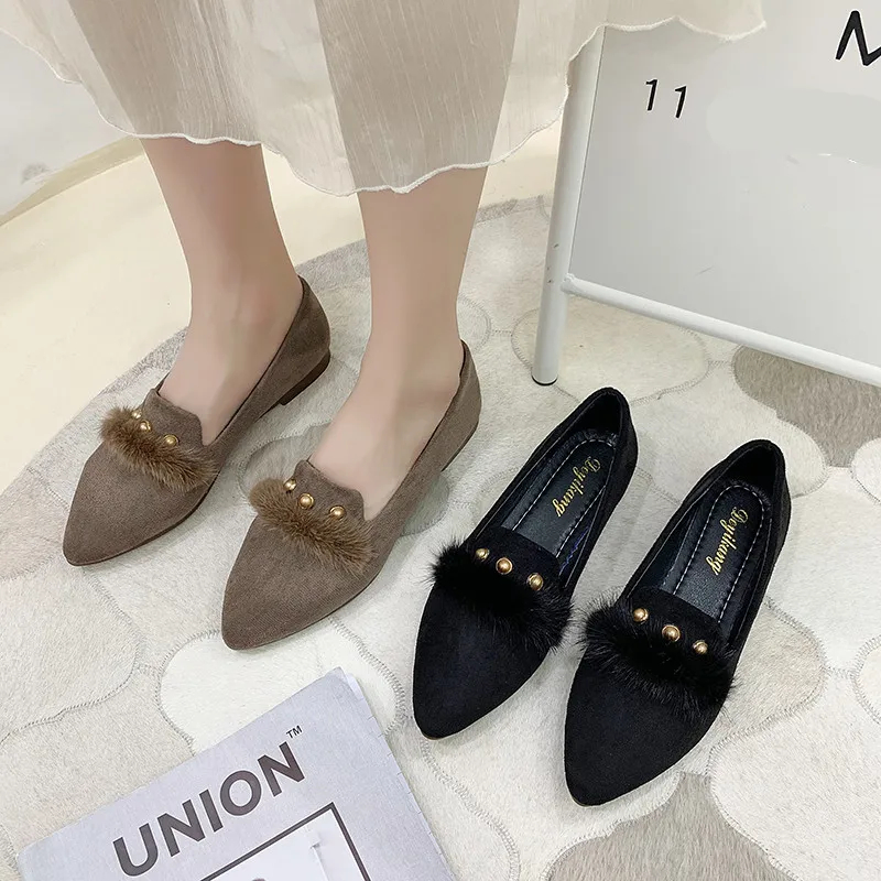 

Loafers Fur Pointed Toe Casual Woman Shoe All-Match Slip-on Female Footwear Modis Shallow Mouth Autumn Slip On Dress 2021 New Mo