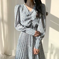 summer chic print floral pleated slimming women dresses all match 2021 hot stylish v neck brief casual loose long dress 3 colors