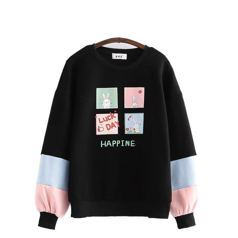 

Cartoon Rabbit Print Harakju Women Sweatshirts 2021Winter Long Sleeve O-neck Cotton Liner Pullovers Sweet Style Female Warm Tops