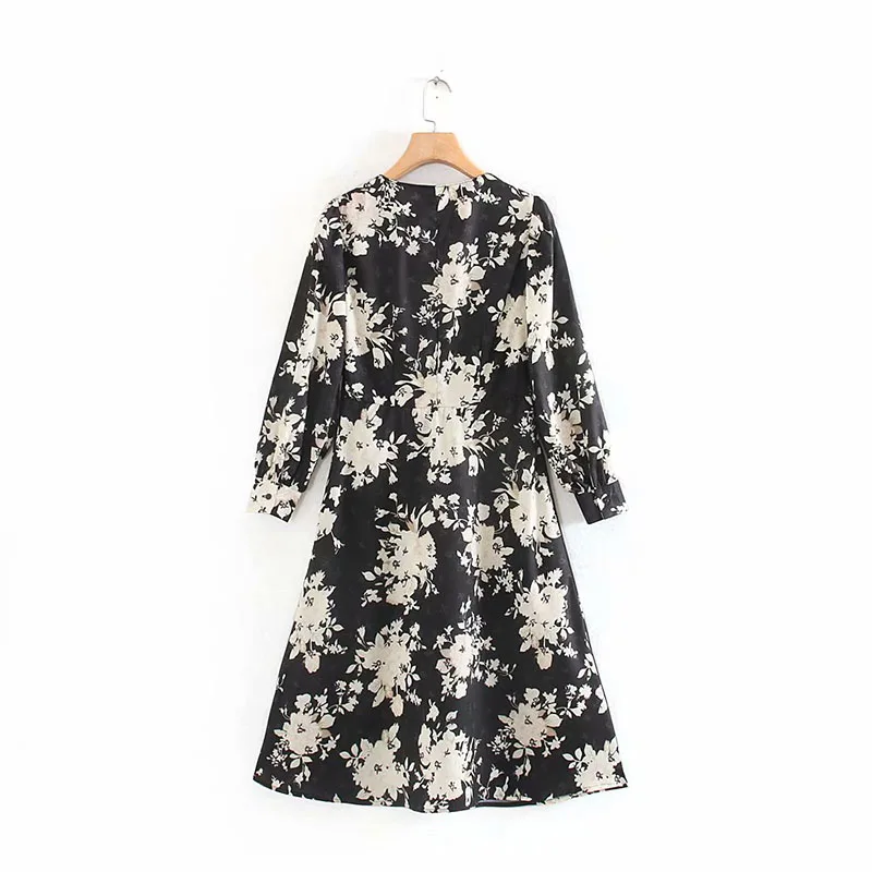 za 2019 women dress v-neck floral print midi black elegant vestidos fashion chic a-line vestido mujer | Женская одежда