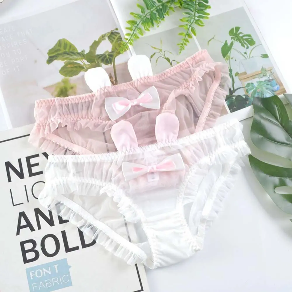 

Fashion Girls Cartoon Ruffle Bow Lace Cotton Crotch Rabbit Ears Panties Lingerie Underwear Mesh Briefs