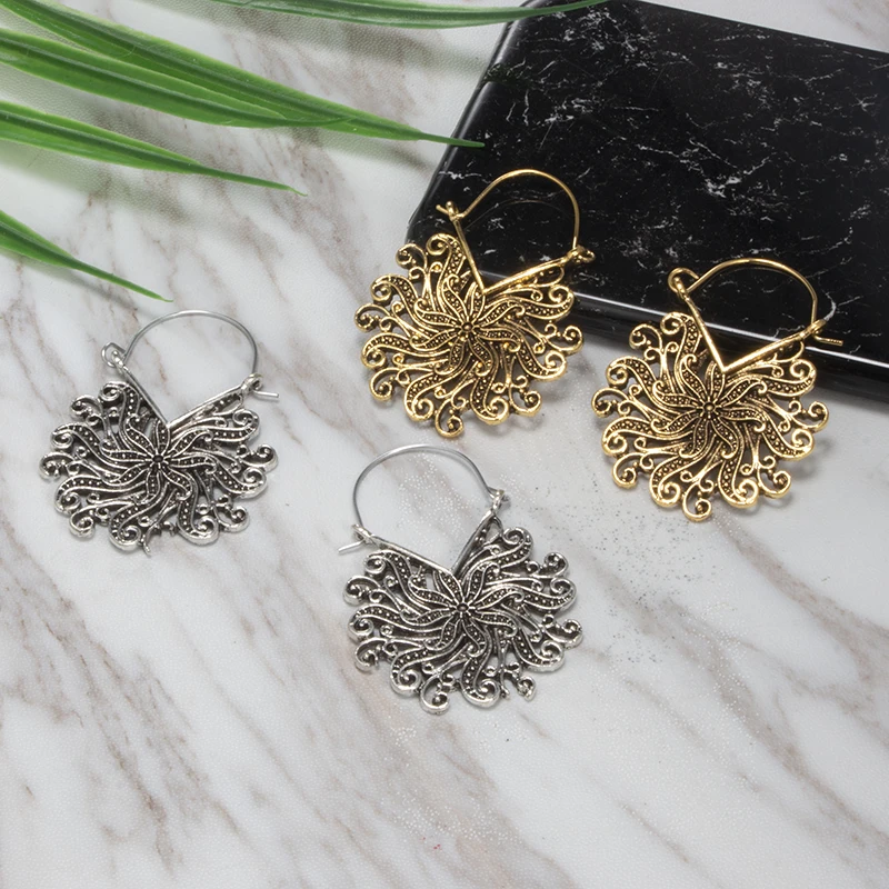 

Vintage Antique Gold Black Silver Color Flower Metal Hoop Earrings Punk Alloy Earring for Women Jewelry