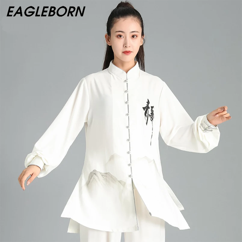 Одежда для Тай-Чи мужчин и женщин с белыми чернилами пейзаж одежда кунг-фу