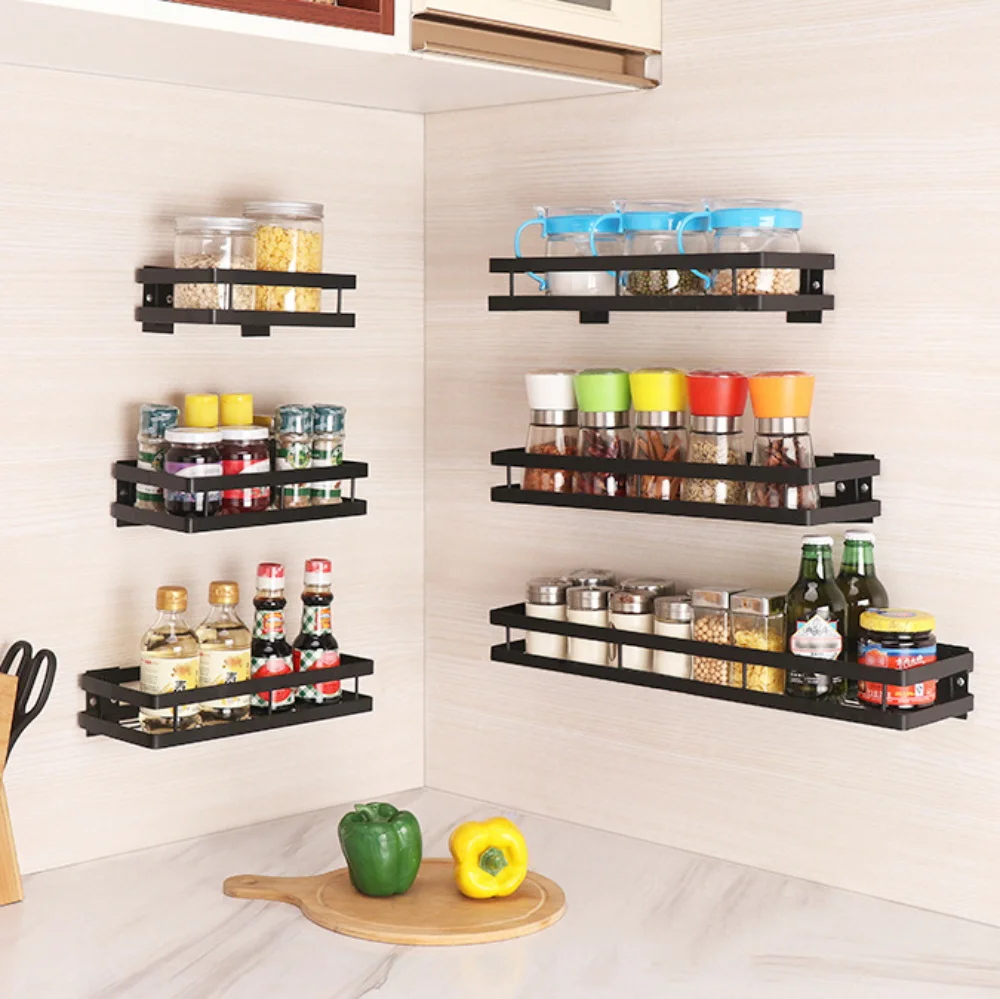 

Wall Shelf Kitchen Organizer Storage Shelf Spice Rack Punch Free High Quality Storage Shelves Rack Kitchen Bathroom Accessories