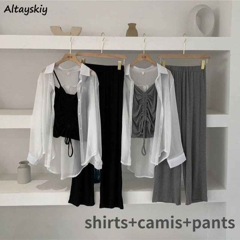 

Sets Women Summer Fashion Sheer Single Breasted Shirts Solid Camis Loose Chic Cozy Causal Pants Female All-match Hot Three Piece