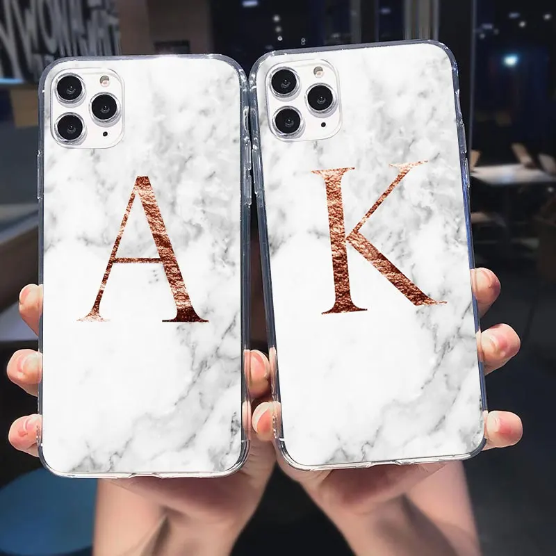 

Letter Monogram A B C D White Marble Soft Phone Case For Coque iPhone 13 Mini 13 Pro Max 12 Pro Max 11 Back Cover Fundas Shell