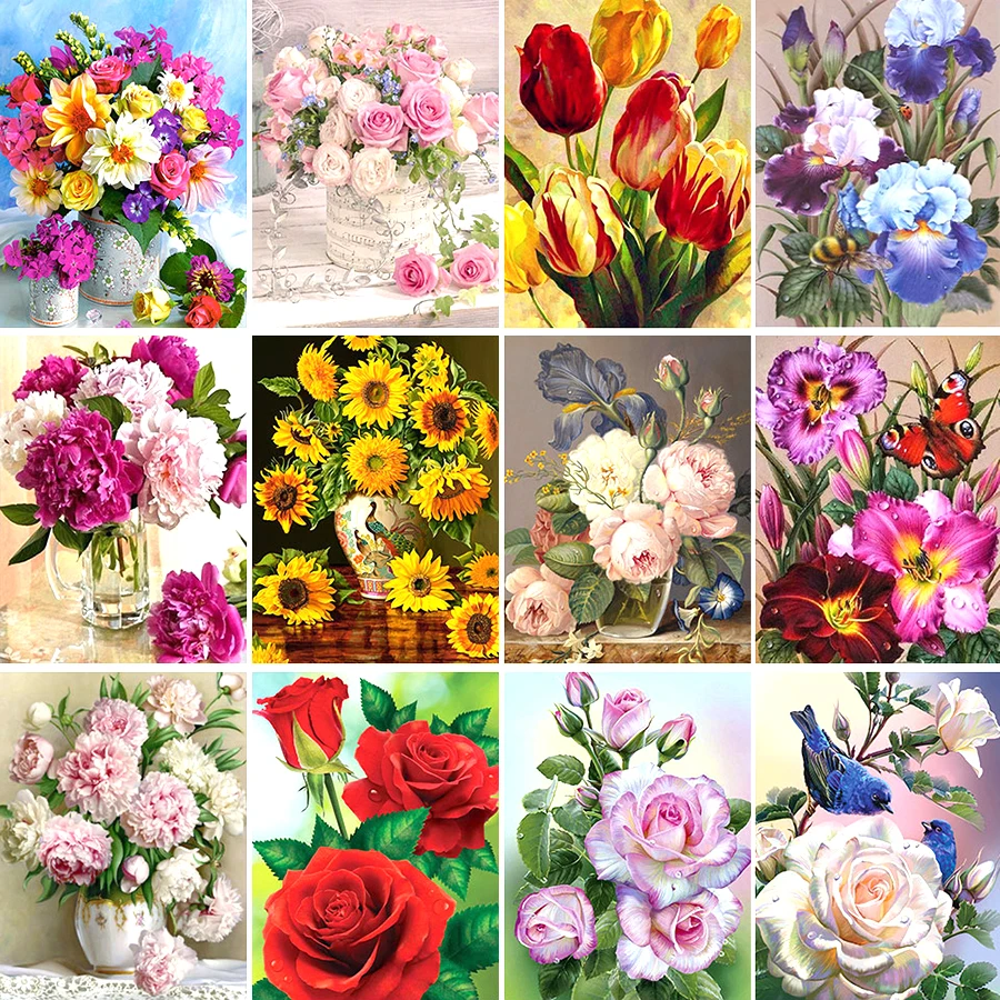 

5D DIY Diamond Painting Flowers Vase Cross Stitch Kit Full Round Embroidery Rose Mosaic Art Picture of Rhinestones Decor Gift