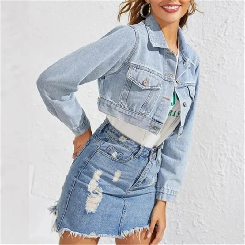 

2021 Women's Fashion Short Retro Jeans Cropped Long Sleeve Female Denim Jackets Vintage Street Motorcycle Coats