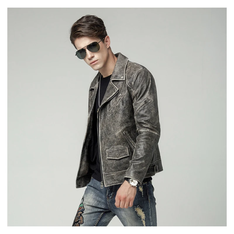 

Lapel Short Motorcycle Leather Jacket Slim Fit Vintage Sheepskin Diagonal Zipper Men's Clothing