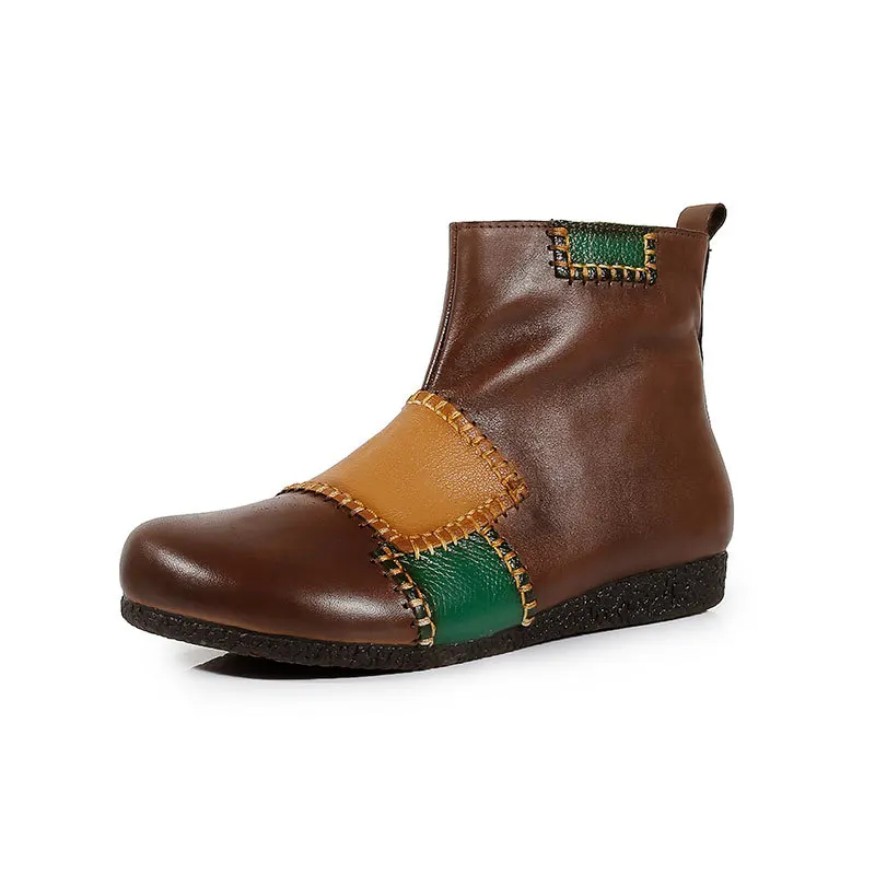 

leather short boots women's new round toe soft bottom ethnic style cowhide patch boots