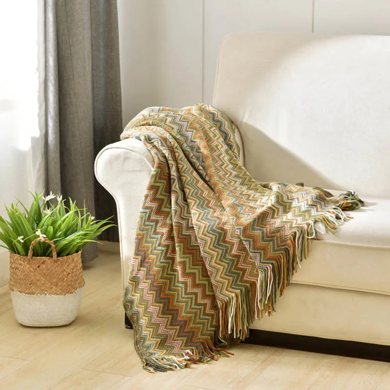 

Одеяло для дивана в богемном стиле, трикотажное покрывало в полоску, с кисточками, для дивана, кресла, для офиса, для отдыха, для путешествий, ...